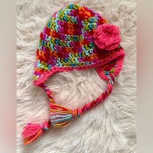 Colorful Crochet Earflap Hat with Flower Handmade Baby OS
